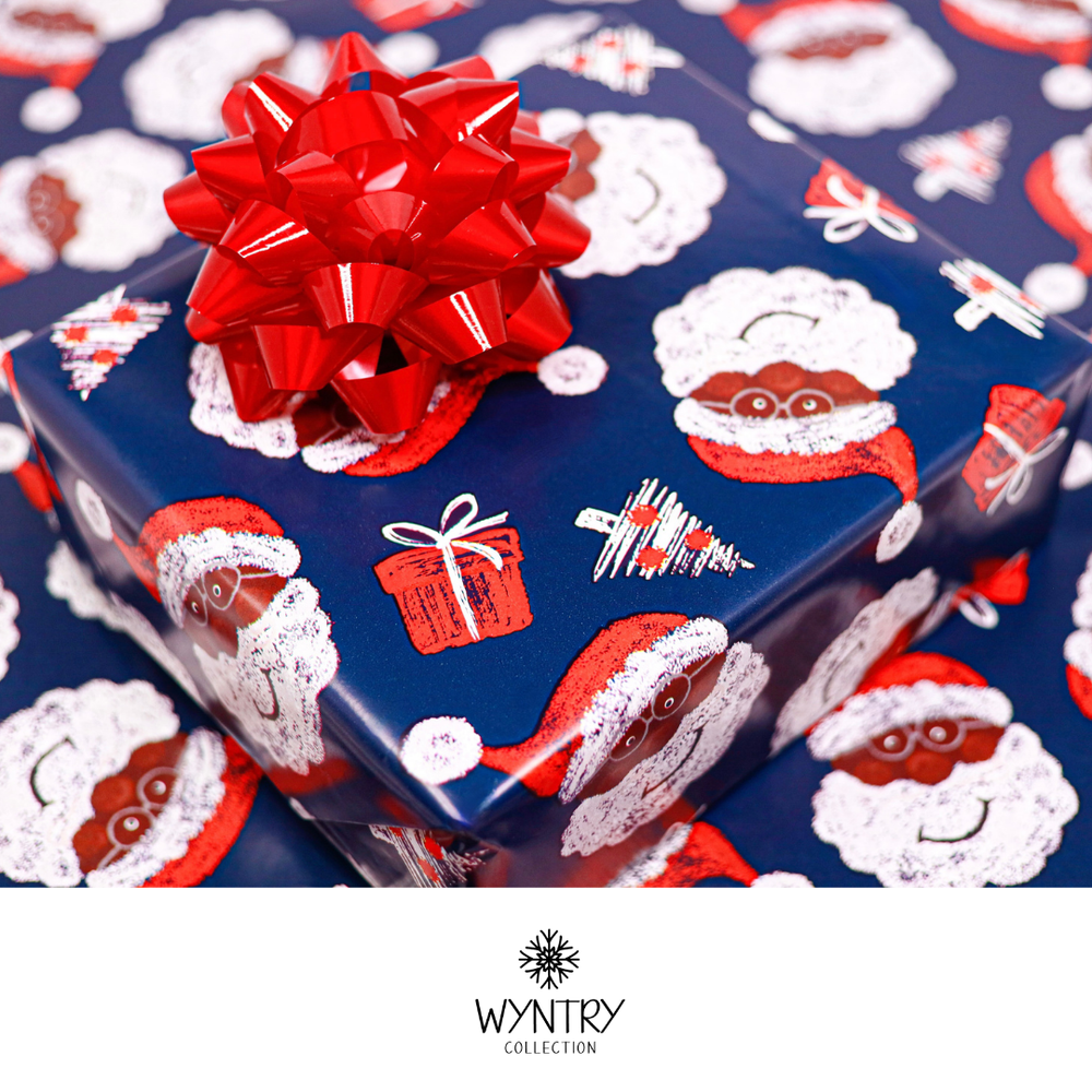 WYTNRY Blue Gift Wrap — Wyntry Collection - Black Santa Family Pajamas